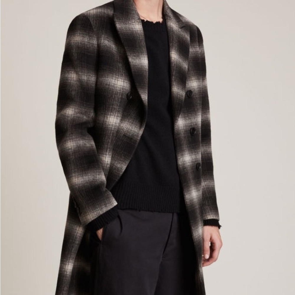 AllSaints Ventry Coat Mens 38
Black Gray Plaid Wool Blend
Double Breasted Jacket